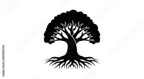 Detailed tree with expansive roots presented as a striking silhouette