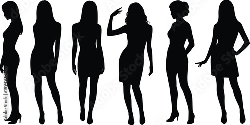 Collection of female silhouettes in stylish poses, elegant women figures isolated on white background for fashion, beauty and design projects