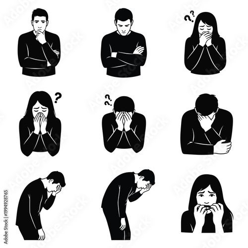 Sad depressed people showing emotions worry and distress illustrated figures.