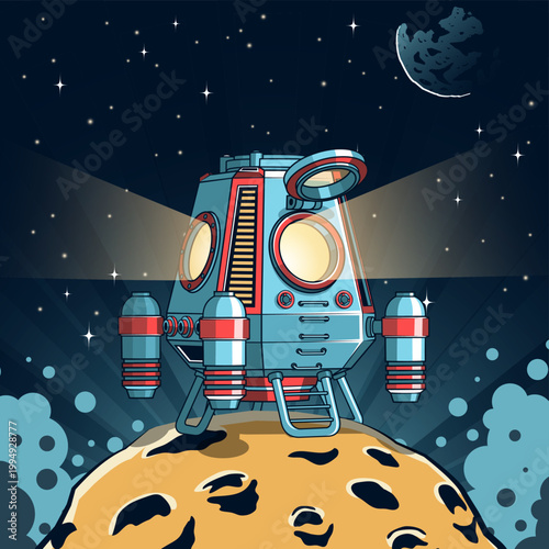 Retro futuristic space lander standing on the surface of the moon or asteroid under a starry sky. Stylized sci fi design. Vector illustration