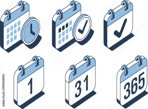 Isometric calendar icon set, project management schedule, time tracking with check mark and clock symbols