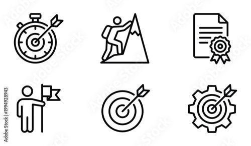 Strategic planning and goal setting line icons with strategy planning business achievement deadline mountain climbing