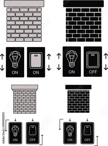 Minimal brick wall texture icon set with light switch controls showing on and off states in modern flat design style