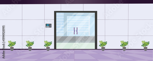Modern Office Entrance Hall with Glass Doors Potted Plants and Security Access Panel Illustration
