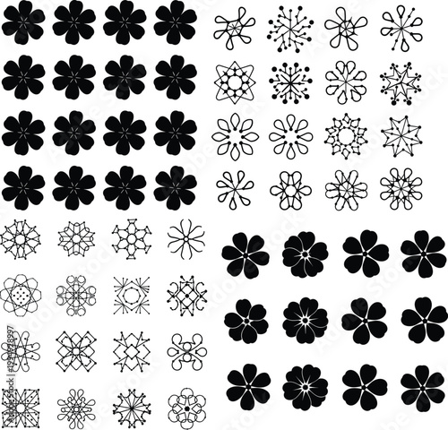 Grid of stylized floral geometric patterns with symmetrical designs, mandala‑like motifs, decorative shapes, artistic variations for creative design projects