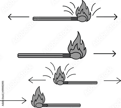 Minimal fire motion sequence icons showing directional movement and impact effects with arrows in clean line vector illustration style