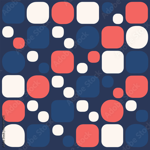 Abstract rounded spots pattern on dark blue background. Playful modern geometric texture with coral and cream accents. Irregular rounded rectangles and dots create.