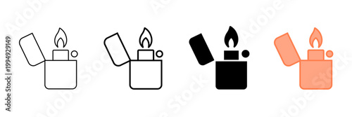 Set of minimalist lighter icons with transparent background, featuring various styles including outline, glyph, and solid fill for fire and ignition concepts, vector illustration