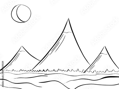 Minimalist mountain landscape with ground line art, abstract nature illustration with clean horizon, isolated on transparent background PNG with copy space