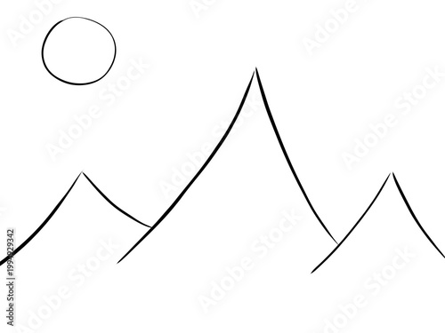 Minimalist mountain peak line art illustration, abstract nature landscape with large summit, clean design isolated on transparent background PNG with copy space