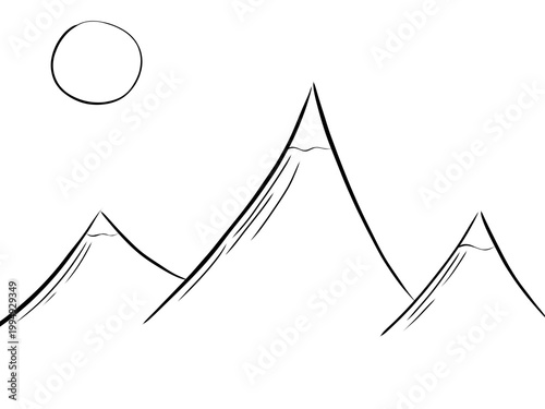 Abstract mountain landscape line art with textured details, minimalist nature illustration, modern design isolated on transparent background PNG with copy space