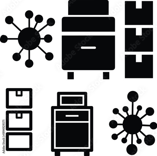 Virus, microorganism, filing cabinet, and block structure icons set representing biology, office organization, medical science, storage, professional design illustration concept