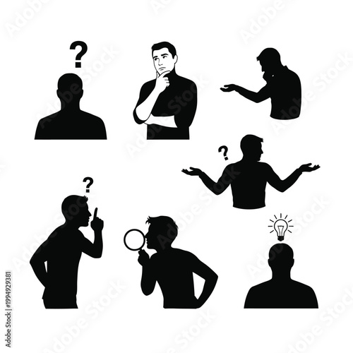 Male silhouettes representing various stages of thinking questioning and discovery.