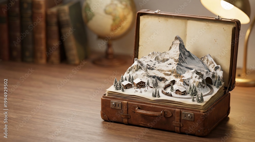 Fototapeta premium Swiss Alps Winter Pop Up Suitcase Travel