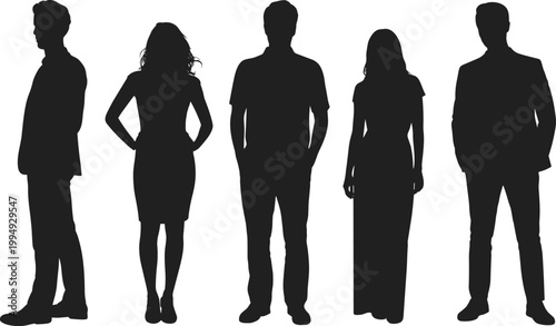 Group of business people silhouettes standing, diverse men and women full body figures isolated on white background for corporate design