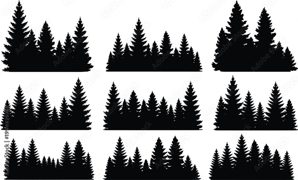 Obraz premium Pine forest silhouettes collection with evergreen trees, nature landscape elements, woodland tree line set for outdoor design, winter forest illustration isolated on white background