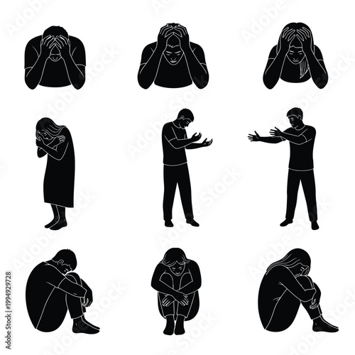 Sad people silhouette, depressed men and women in various poses, isolated vector collection.