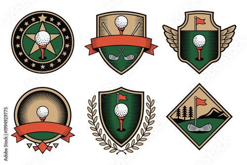 Retro golf emblems vintage style shield badges featuring golf flags, crossed clubs