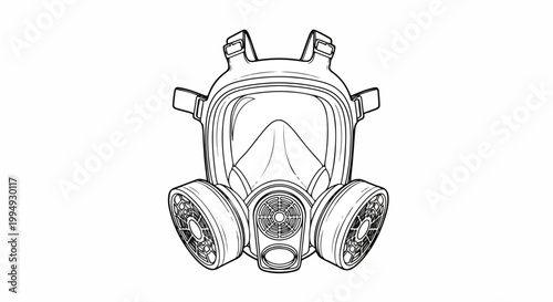 Line art illustration of a full face respirator mask, a piece of protective equipment for breathing in hazardous environments.