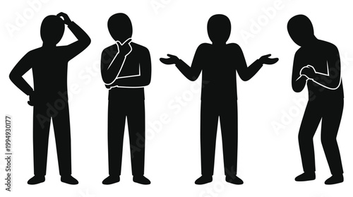 Body language silhouettes of man expressing confusion thinking and shrugging.