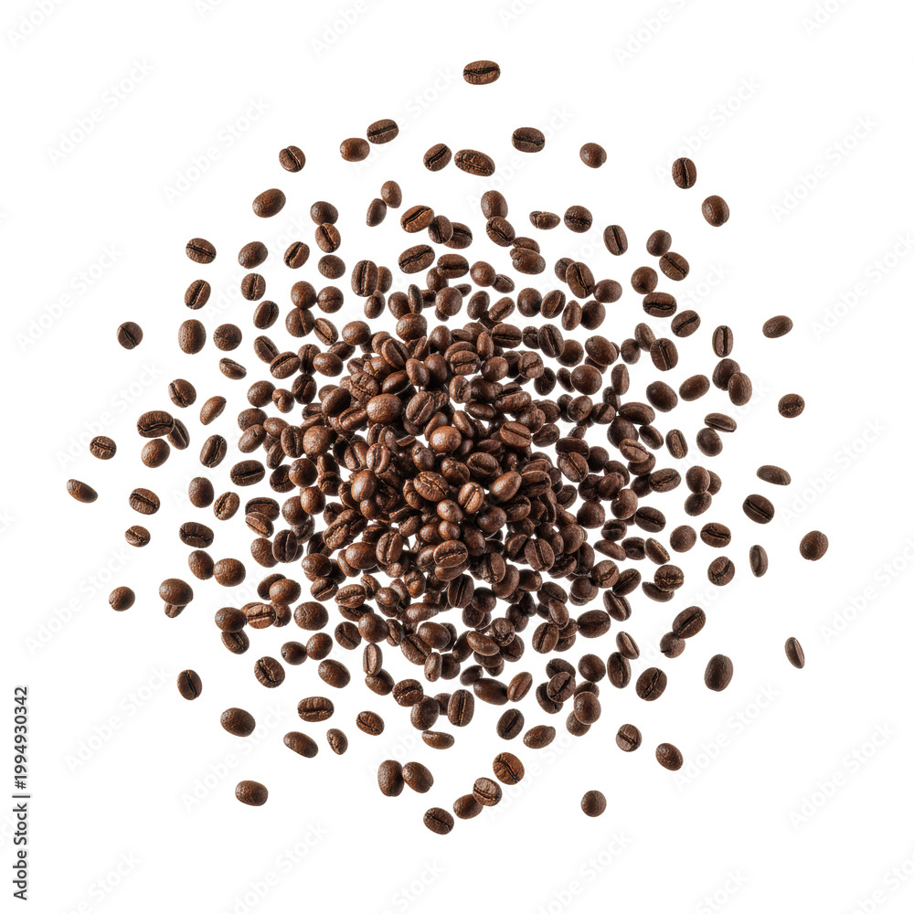 Obraz premium Dark roasted coffee beans in a radial mid-air explosion with sharp textures and oily surfaces floating against a transparent background, premium energy burst