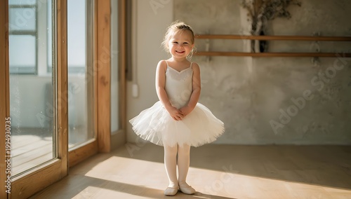 Little Ballerina Girl Smiling in White Tutu in Sunny Dance Studio.