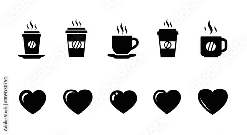 Five simple black coffee icons including steaming mugs disposable cups with coffee bean symbols vector