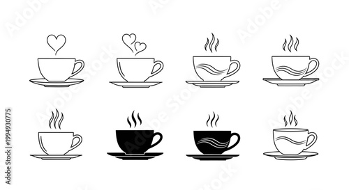 Set of coffee cup icons with steam and heart symbols for cafe menu design elements collection isolated on white background in flat thin line minimalist style