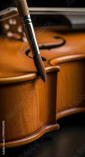 A paintbrush tip resting on the f-hole of a polished wooden violin, highlighting the instrument's craftsmanship