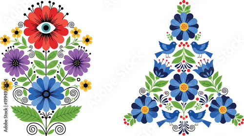 Colorful Folk Art Floral Composition with Decorative Flowers and Birds in Symmetrical Scandinavian Style for Traditional Design and Cultural Ornament Projects