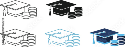 Graduation cap and coins conceptual illustration symbol of education financing success and investment.