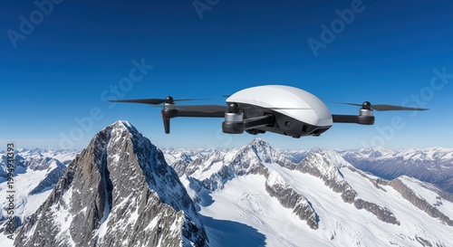 Modern white quadcopter drone flying high above snowy mountain peaks under clear blue sky