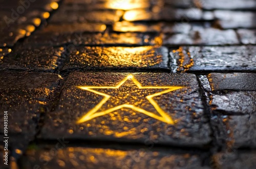 Golden star gleaming on wet cobblestone, casting ethereal light across nighttime street, radiating mystical urban ambiance