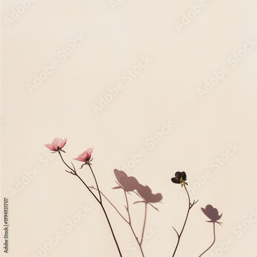 Pink and brown floral stems casting soft shadows against neutral wall, highlighting minimalist botanical elegance with subtle color contrast