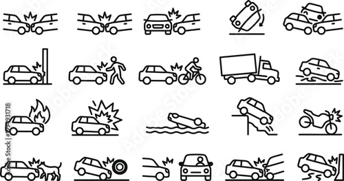 Car crash icons set for infographics and road safety presentations