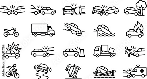 Car crash and accident icon set for safety and warning signs in transportation and emergency services