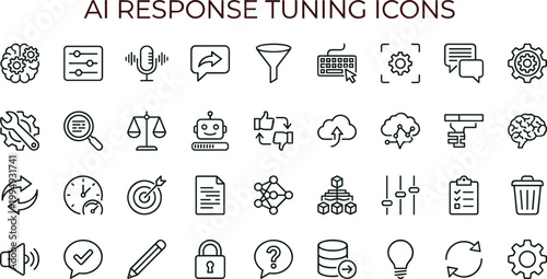 AI response tuning outline icon set featuring prompt optimization workflow adjustment feedback automation vector collection for dashboards interfaces presentations