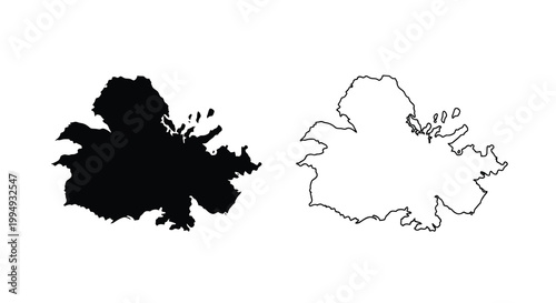 A stark black and white representation of an island s silhouette with a corresponding outline high quality professional