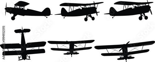 Set of six black silhouette biplane aircraft from different angles isolated on transparent background.