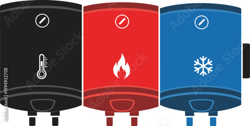 Set of three colorful industrial water heater tanks with temperature icons for heating and cooling system control.