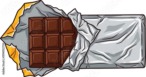 Unwrapped dark chocolate bar with golden foil and silver wrapper on white background for food marketing and advertising