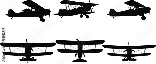 Silhouettes of vintage biplanes shown from multiple perspectives including side profile and front view flying pose.