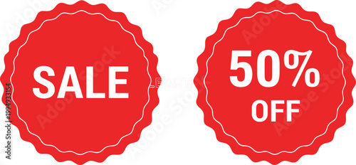 Two red sale signs one with sale text other shows fifty percent off discount great offer.