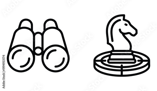 Business strategy icons representing observation and planning with binoculars and a chess knight piece binoculars strategy
