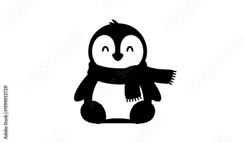 Cute penguin with blue scarf sitting cartoon vector illustration isolated on white background