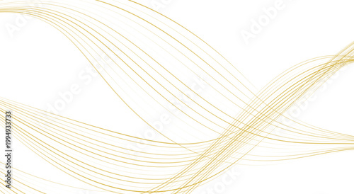 Minimalist abstract fluid linear wave background. White clean backdrop, golden flowing strings, intersecting thin yellow curves. For elegant corporate flyer. Vector graphic art.
