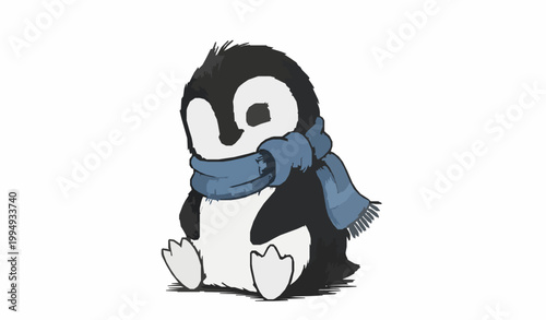 Hand drawn cute penguin with blue scarf sitting winter cartoon vector illustration isolated on white background