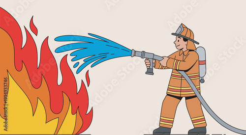Firefighter extinguishing fire, protective gear spraying water on large burning flames emergency rescue concept vector illustration