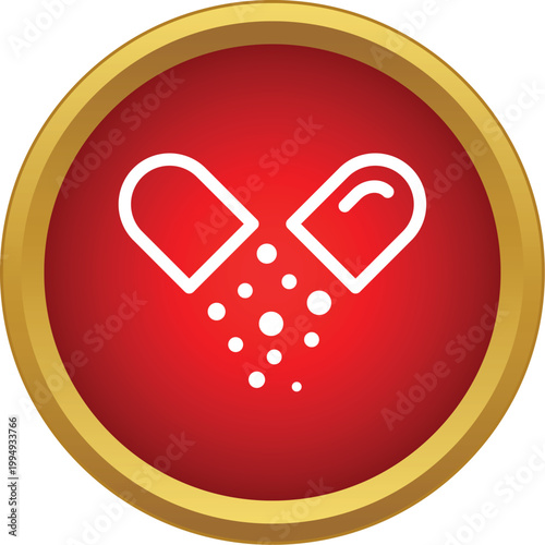 Icon showing an open medical capsule releasing powder particles on a round red button