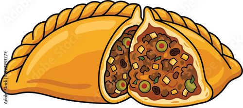 Savory beef empanada cut open showing filling for food blog or recipe illustration